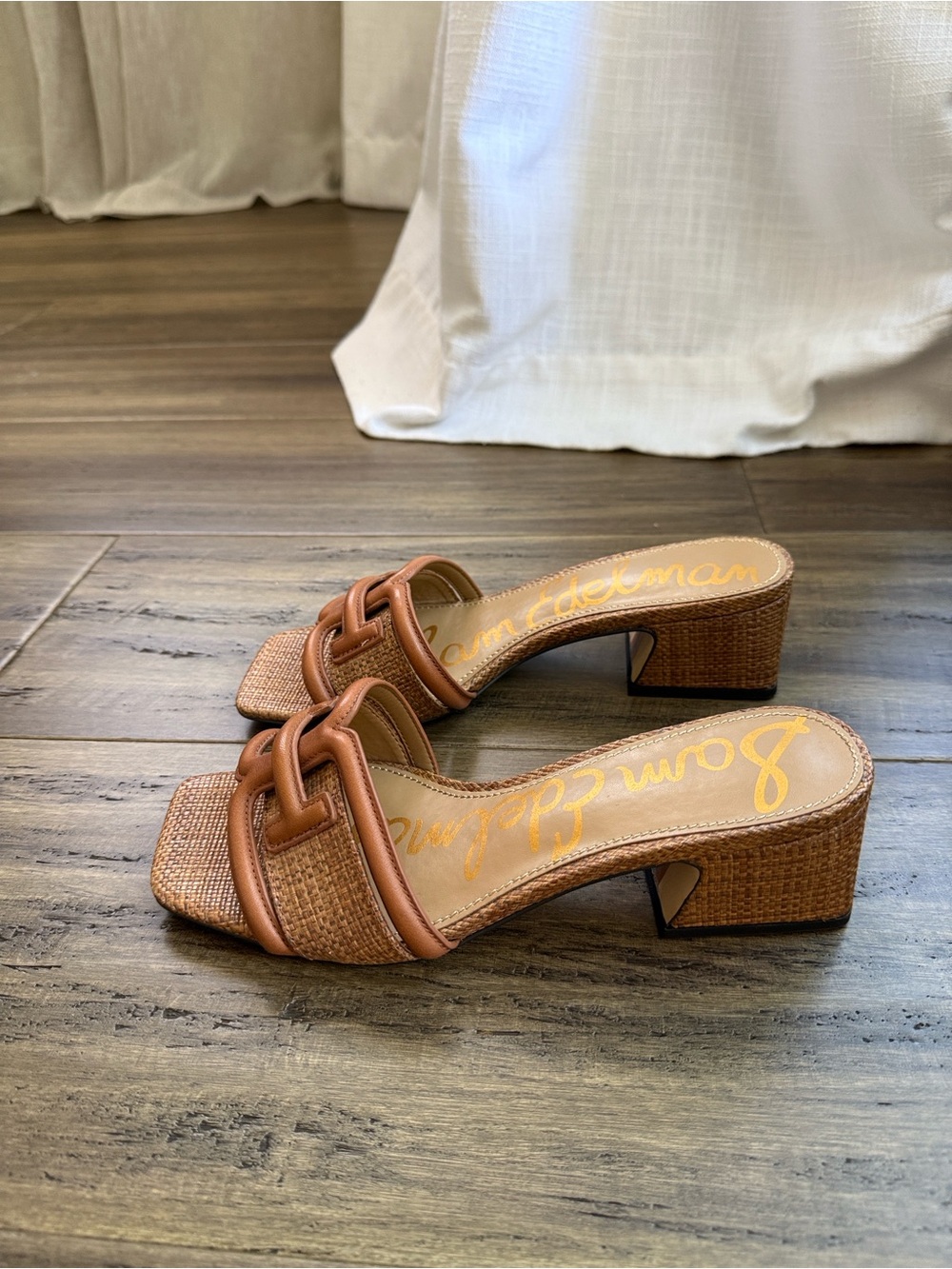 Sam Edelman Brown Tan Woven Leather Block Heel Mules